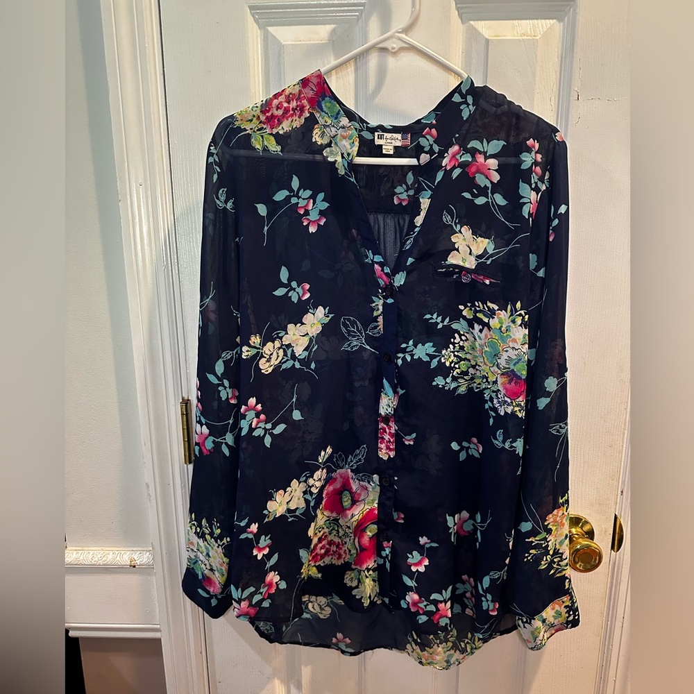 Kut From The Kloth Large Blouse Floral Sheer Button Up Roll Tab Sleeves